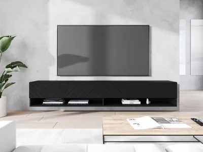 Zdjęcie produktu dla MINIO go for it, szafka RTV, "ANNE", 180 cm, płyta MDF z wzorem w jodełkę, wisząca, stojąca, z oświetleniem LED, kolor czarny