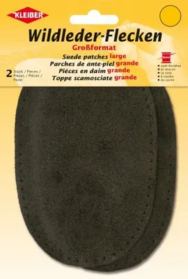 The image shows the packaging of suede patches for clothing repair.