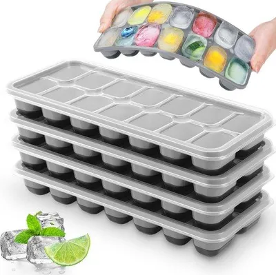 Immagine prodotto di Stampo per cubetti di ghiaccio Ibenzoa® con coperchio – silicone senza BPA, set da 4, LFGB, impilabile, capacità di 56 cubetti di ghiaccio, base elastica per una facile estrazione