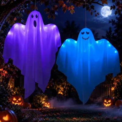 Produktbild von Halloween Deko Geister 2er Set, zwei verschiedene Gesichter, leuchtende Hängedeko für Tür Fenster Garten Baum Veranda Party