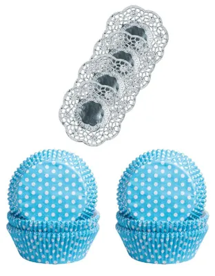Produktbild von Demmler Muffinförmchen 2er Set - Punkte Weiß/Türkis - Inklusive 4 Tassendeckchen in Silber - zum Backen und Verzieren von leckeren Muffins/Kuchen