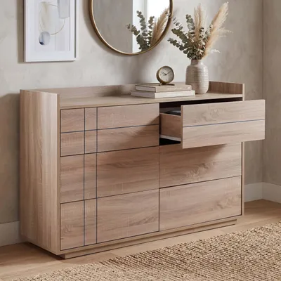Immagine prodotto di Comò HWC-P44, credenza, 6 cassetti con apertura a pressione, MDF 83x120x40 cm ~ effetto rovere Sonoma