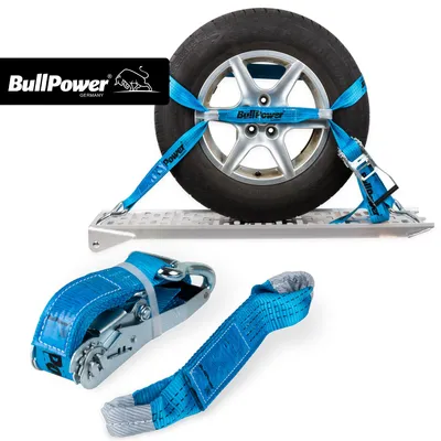 Produktbild von 1x BullPower Spanngurt AZG251 - Autotransport PKW Zurrgurt Reifengurt Transportsicherung 50mm - LC 4000 kg / daN mit Trapezband, Ratsche und Haken