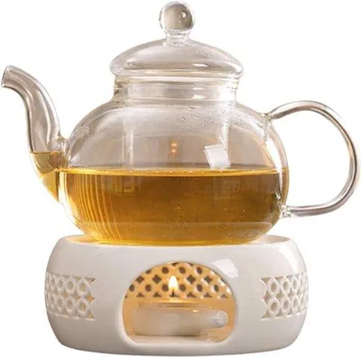 Produktbild von Ultiluxe Theepot warmhouder - Porzellan - Kaffeewärmer mit Teelichthalter - Theepot-Ständer - Weiß/Braun