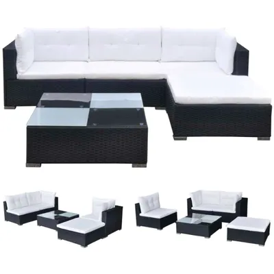 Image de vidaXL Ensemble de salon de jardin 5 pièces avec coussins Poly rotin noir
