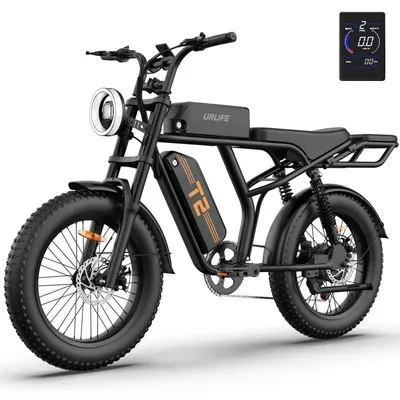 Produktbild von E-Bike Fatbike - T2 - 48V Lithium-Akku - 200–250 W Bürstenloser Motor - 50,8 cm Räder, 10,2 cm Fettreifen - Bis 25 km/h - Mit Rücksitz - Schwarz