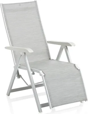 A single, light gray reclining chair with a white frame, shown against a white background.