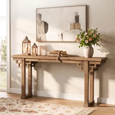 Productafbeelding van Consoletafel van 160 cm hoog, bijzettafeltje van massief hout, console voor de hal met dikke poten, walnoot. Landelijke consoletafel