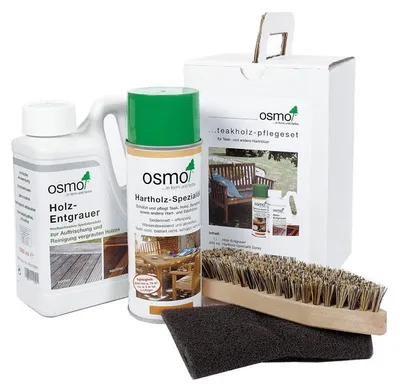 Produktbild von OSMO Teakholz Pflegeset, Holzentgrauer Reiniger, Hartholz Spezialöl Spray, Schleifvlies, Wurzelbürste, Gartenmöbel Terrassen Holzschutz Pflegemittel