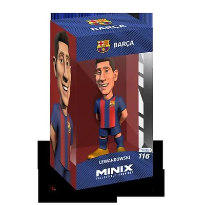 A product box for a MINIX collectible figurine of FC Barcelona player Lewandowski.