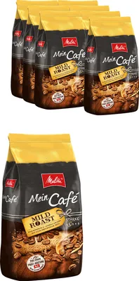 A top-down view of multiple bags of Melitta Mein Café Mild Roast coffee beans, with one bag prominently displayed in the foreground.
