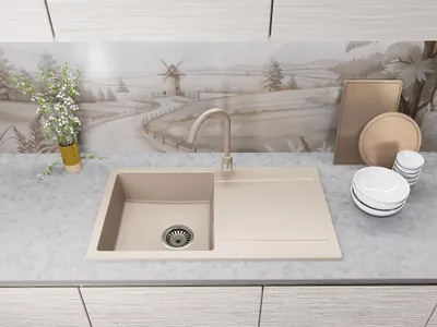 Produktbild von Faizee Home Granitspüle Element 90 x 50 cm – Einbauspüle mit Abtropffläche, reversibel, inkl. Siphon