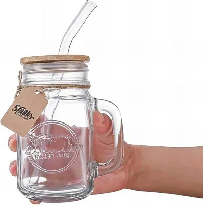 Produktbild von Kleiner Glasbecher mit Handgriff und Deckel mit Strohhalm für heiße und kalte Getränke