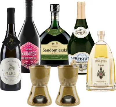 Produktbild von Set mit 5 Jaros Mets (Honigwein Półtorak-Eineinhalber/ 2x Dwójniak-Halber / 3x Trójniak-Drittel) mit 2 Bechern | 3750ml | 13-16% Alkohol Metwein | Polnische Produktion