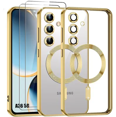 Image de Coque + 2 Verres Trempés pour Samsung Galaxy A36 5G, Silicone avec Cercle Magnétique Protection Caméra - Doré