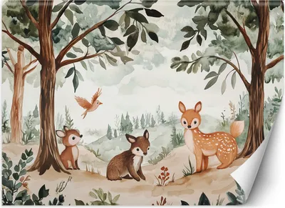 Zdjęcie produktu dla Fototapeta filzelinowa dziecięca Jelonek Ptak Leśne Zwierżeta Beżowy 400x280 cm Feeby Zielony klej w zestawie  łatwa w montażu