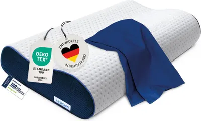 Produktbild von Nackenstützkissen, Orthopädisches Nackenkissen inkl. blauem Schonbezug, Memory-Schaum, Rücken- & Seitenschläfer, Ergonomie-Produkt, CASIMUM