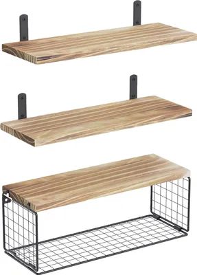 Produktbild von STILVORA Wandregal Holz, Mehrlagiges Wandregal Holz, Wandregal Badezimmer, Badezimmer Regal mit Ablagekorb, Schweberegale Badezimmer Naturholz