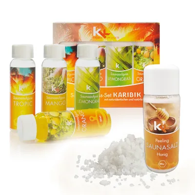 Produktbild von KK Saunaaufguss Set Karibik Saunakonzentrat 4 x 100 ml/Flasche + 200g Sauna Salz