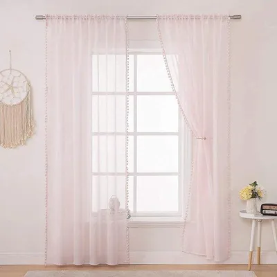 Obrázek produktu pro Záclony s bambulkami – ideální do ložnice i obývacího pokoje, sada 2 kusů, rozměry 140 x 214 cm