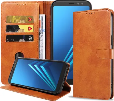 Produktbild von Geschikt voor Samsung  Galaxy A8 2018 Telefoonhoesje Kunstleer met Magnetisch lipje en Pasjeshouder  Book Case met Klepje - Bruin - Smartphonica