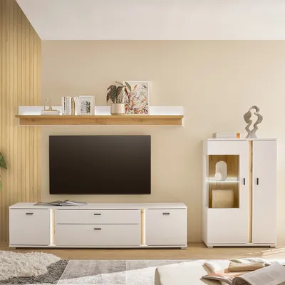Produktbild von Wohnwand weiß mit Eiche LOVENO-61 Modern 3-teilig