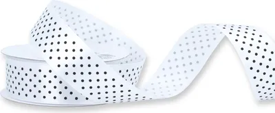 Einseitig glänzendes, schwarz gepunktetes weißes Satinband auf Rolle. Perfekt für Bastelprojekte und Geschenkverpackungen