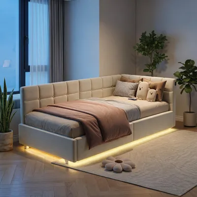 Produktbild von INONEFT Boxspringbett 90x200 cm mit LED & USB, Polsterbett Bettgestell mit Lattenrost und Stauraum, Stauraumbett, Beige, Samt, Ohne Matratze