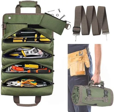 Immagine prodotto di Borsa multiuso per utensili - Realizzata in tessuto Oxford - Arrotolabile con 2 tasche con cerniera - Organizer per artigiani, elettricisti e lavori di saldatura