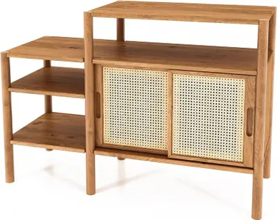 Produktbild von Bücherregal Zola Wildeiche massiv und Rattan 120x86 cm 2 Schiebetüren 3 Fächer
