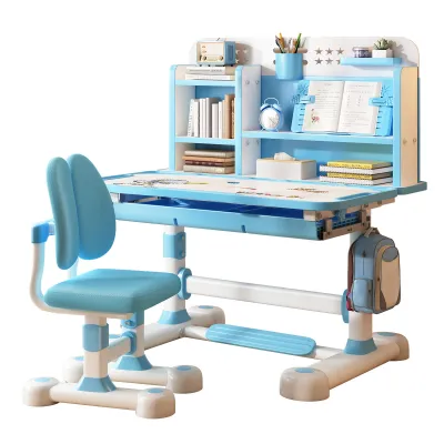 Produktbild von 2Pcs/Set Kinder Studie Schreibtisch Stuhl Set, höhenverstellbar Kinder Schule Studie Tisch Stuhl Set mit Sitzkorrektor, mit Buch Stand, Fußpedal Blau