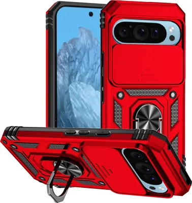 A red phone case with a sliding camera cover and a ring stand is displayed from multiple angles.