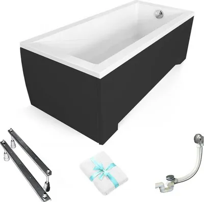Produktbild von Aqua For You | Besco Badewanne - 120 x 70 cm - Modern - Schwarze Umrandung - Automatischer Siphon - Montageset - Schwarz