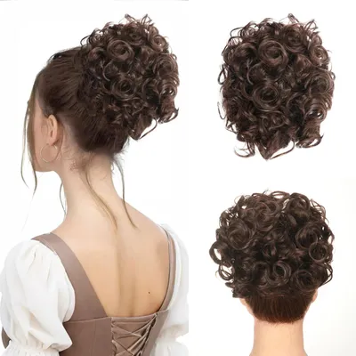 Produktbild von Synthetischer Dutt - Lockiger Chignon Haardonut - Messy Bun Haarteil - Clip-in mit Kämmen - Hitzebeständige Faser - Farbe 4 Dunkelbraun