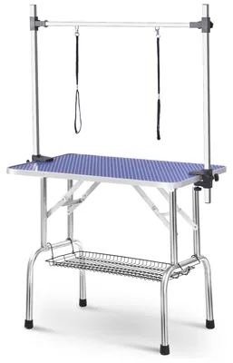Obrázok produktu pre Profesionálny stolík na starostlivosť o domáce zvieratá – skladací – s výškovo nastaviteľnou opierkou – nosnosť 60 kg – 90 x 60 x 76 cm – modrá farba