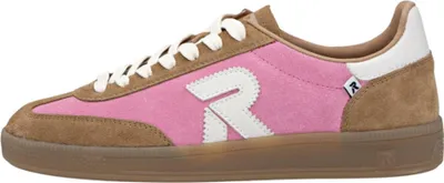 A side view of a pink and brown sneaker.