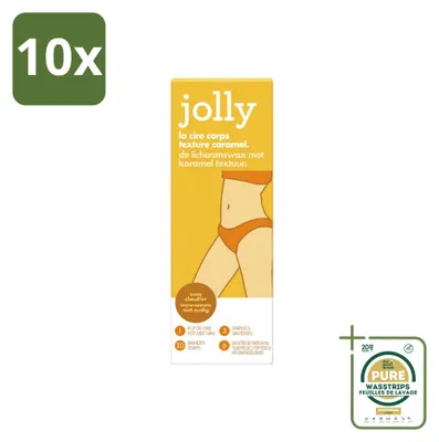 Immagine prodotto di 10 confezioni di cera depilatoria Jolly, profumo caramello, contenenti 20 strisce di cera ciascuna. Confezione risparmio, 10 pezzi