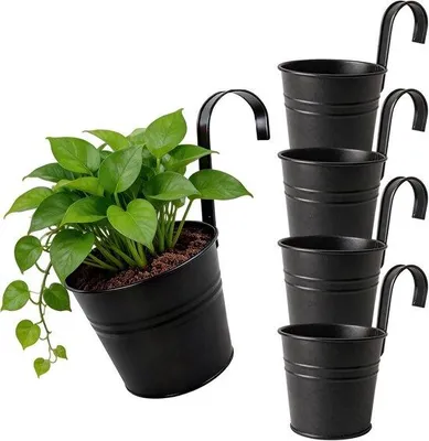 Productafbeelding van Hangende Bloempot Set - Zwart - 16 x 13,5 cm - Metalen Pot met Afneembare Haken - Voor Planten en Decoratie