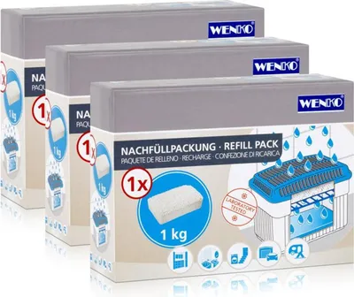 Three boxes of Wenko refill packs for a moisture killer dehumidifier.