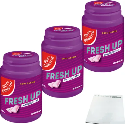 Produktbild von Gut & Günstig Kaugummi Cool Cassis zuckerfrei 3er Pack (3x50 Stk. Dose) + usy Block