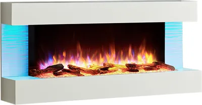 A white electric fireplace with a black glass front displaying a realistic flame effect and blue LED lighting on the sides.