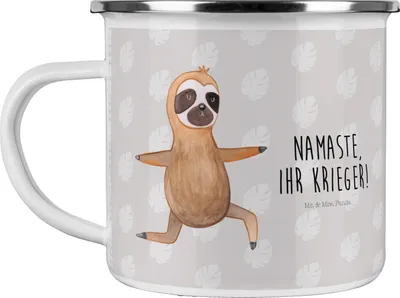 Produktbild von Mr. & Mrs. Panda Haferl Faultier Yoga - Grau Pastell - Geschenk, Kaffeepott, Meditation, Teebecher, Teetasse, Emaille Becher, Yogaübungen, Tasse, Pott