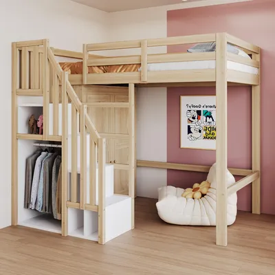 Produktbild von okwish Hochbett 90×200 Jugendbett Kinderbett ohne Matratze,Einzelbett mit Treppe mit Stauraum und Kleiderschrank,Loft-Unterbett mit Massivholzrahmen,Holzfarbe