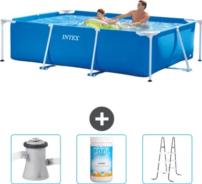 Produktbild von Intex-Schwimmbecken mit rechteckigem Rahmen – 260 x 160 x 65 cm – Blau – im Lieferumfang enthalten Filterpumpe für Schwimmbad - Chlor - Leiter