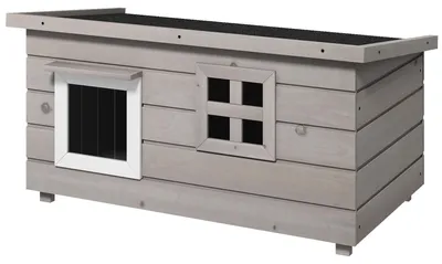 Produktbild von PawHut Katzenhaus Katzenhütte mit Asphaltdach Fenster Winterfest Tannenholz Grau