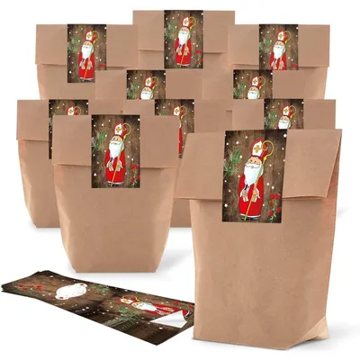 Produktbild von Papiertüten mit Nikolaus Aufkleber 19 x 29,5 x 7,5 cm (10 Stück)Heiliger Nikolaus / 100 Stück