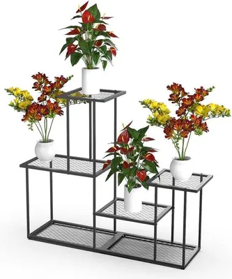 Produktbild von Gartenstander mit 4 Ebenen aus schwarzem Metall für Innen und Außen - Blumenstander für Terrasse, Garten, Wohnzimmer, Balkon, Schlafzimmer