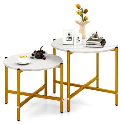 Produktbild von 2er Set runde Couchtische, Beistelltische mit Marmoroptik und Metallgestell, moderner Wohnzimmertisch, Sofatisch Set, Satztische für Wohnzimmer und Schlafzimmer, Weiß + Gold