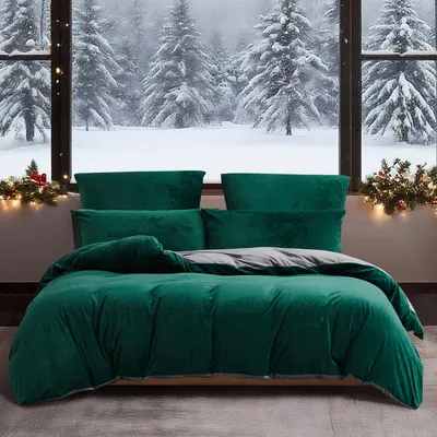 Immagine prodotto di Biancheria da letto invernale, 155x220 cm, verde scuro, grigio, set da 3 pezzi, in microfibra peluche con cerniera