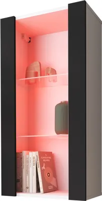 A black and white hanging display cabinet with internal LED lighting.